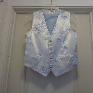 ICEY BLUE SATIN PRINT LEAVES RETRO CHINESE LADIES FITTED VEST MED TO L
